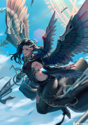 Rule 34 | 1girl, armpits, artist name, asymmetrical gloves, asymmetrical legwear, black hair, black legwear, black nails, black wings, blue sky, cloud, day, earrings, feathered wings, feathers, floating hair, full body, gloves, highres, holding, holding weapon, indoors, jewelry, large wings, long hair, long sleeves, looking at viewer, low wings, midair, multiple wings, nail polish, original, parted lips, red eyes, ring, shoes, single glove, sky, solo, uneven gloves, uneven legwear, weapon, whoareuu, wings