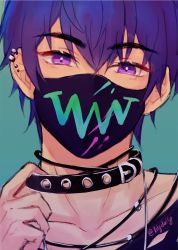 Rule 34 | 1boy, artist name, black choker, choker, close-up, earrings, green background, highres, jewelry, lilydally, looking at viewer, male focus, marius von hagen (tears of themis), mask, mouth mask, purple eyes, purple hair, short hair, single earring, solo, tears of themis, twitter username