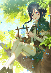 Rule 34 | 1boy, androgynous, beret, black hair, blue hair, blue sky, bow, braid, brooch, cape, collared cape, collared shirt, commentary request, corset, day, diamond (shape), flower, frilled sleeves, frills, gem, genshin impact, gradient hair, green cape, green eyes, green hat, green shorts, hair flower, hair ornament, harushio, hat, highres, holding, holding instrument, in tree, instrument, jewelry, leaf, long sleeves, looking at viewer, lyre, male focus, multicolored hair, open mouth, outdoors, pantyhose, shirt, shoes, short hair with long locks, shorts, side braids, sidelocks, sitting, sitting in tree, sky, smile, solo, tree, twin braids, venti (genshin impact), vision (genshin impact), white flower, white pantyhose, white shirt