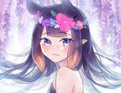 Rule 34 | 1girl, :3, blue flower, blush, flower, from side, hair behind ear, head wreath, highres, hololive, hololive english, lacieon, long hair, looking at viewer, mole, mole under eye, ninomae ina&#039;nis, orange flower, pink flower, pointy ears, purple eyes, purple flower, purple hair, smile, solo, tentacle hair, virtual youtuber, white flower