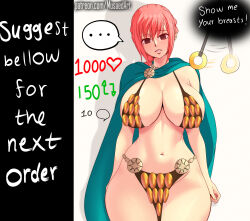Rule 34 | ..., 1boy, 1girl, absurdres, armor, bare legs, bikini armor, braid, breasts, cape, curvy, empty eyes, english text, hetero, highres, hypnosis, large breasts, long hair, looking at viewer, meme, mind control, musaed art, navel, one piece, pelvic curtain, pendulum, pink hair, rebecca (one piece), revealing clothes, shiny skin, single braid, standing, thighs, twitter strip game (meme), twitter username, wide hips
