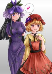 Rule 34 | 2girls, aki minoriko, apron, black gloves, black hair, blonde hair, dress, elbow gloves, flower, flower on head, gloves, grape hat ornament, grape print, hat, height difference, highres, kyabekko, looking at another, looking down, looking to the side, mob cap, multiple girls, orchid, plant print, purple dress, purple eyes, red apron, red headwear, shirt, smile, touhou, yellow shirt, yomotsu hisami, yuri