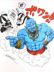 Rule 34 | !?, 2boys, abs, afterimage, aladdin (disney), arm tattoo, beard, black hair, blue skin, bracelet, buzz cut, charlotte daifuku, clenched teeth, colored skin, commentary request, crossover, facial hair, fur trim, genie (aladdin), grin, hand on own hip, hand up, highres, jacket, jewelry, male focus, medium hair, motion lines, multiple boys, muscular, one piece, paruko (baalbeel11), pointing, pointy ears, power connection, short hair, shoulder pads, smile, sound effects, steam, surprised, sweat, nervous sweating, tattoo, teeth, upper body, very short hair, wide-eyed, will smith