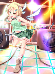 Rule 34 | 1girl, :d, animal ears, blonde hair, blue eyes, blush, collar, green eyes, hair ornament, hairclip, looking at viewer, microphone, navel, one eye closed, open mouth, plaid, plaid skirt, sekine irie, short hair, skirt, smile, socks, solo, stage, striped clothes, striped socks, wings, wink