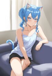 Rule 34 | 1girl, absurdres, animal ear fluff, animal ears, black shorts, blue eyes, blue hair, camisole, cat ears, cat tail, closed mouth, collarbone, couch, crossed legs, diptip, highres, hololive, hoshimachi suisei, looking at viewer, short shorts, shorts, side ponytail, sitting, solo, star (symbol), star in eye, symbol in eye, tail, v-shaped eyebrows, virtual youtuber, window