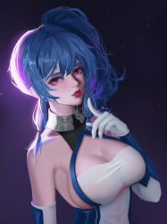 Rule 34 | 1girl, absurdres, artist name, azur lane, bare shoulders, blue hair, breasts, cleavage, clothing cutout, collar, detached sleeves, gloves, hair between eyes, highres, large breasts, lips, looking at viewer, metal collar, nose, pink eyes, side ponytail, skindentation, solo, st. louis (azur lane), underboob cutout, white gloves, yuuri vv