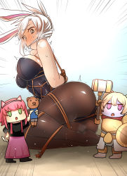 Rule 34 | 3girls, animal ears, annie (league of legends), arms behind back, ass, bad id, bad pixiv id, battle bunny riven, bdsm, blonde hair, blush, bondage, bound, bound arms, breasts, brown eyes, chibi, cleave gag, cloth gag, fake animal ears, gag, gag manga biyori, gagged, high ponytail, highres, improvised gag, kumakichi (character), large breasts, league of legends, moonjunk, multiple girls, pantyhose, pink hair, playboy bunny, poppy (league of legends), rabbit ears, riven (league of legends), shibari, shibari over clothes, sweat, tears, trembling, twintails, white hair
