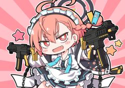 Rule 34 | 1girl, apron, belt, black belt, black halo, black skirt, blue archive, braid, bright pupils, center frills, chain, chibi, collared shirt, commentary, dual wielding, earrings, fang, floral print, frilled apron, frills, gun, hair between eyes, halo, highres, holding, holding gun, holding weapon, jewelry, long sleeves, looking at viewer, maid headdress, medium hair, nejikirio, neru (blue archive), no nose, open clothes, open mouth, outstretched arms, pink background, puffy long sleeves, puffy sleeves, shirt, single braid, skin fang, skirt, solo, star (symbol), stud earrings, v-shaped eyebrows, waist apron, weapon, white apron, white pupils, white shirt