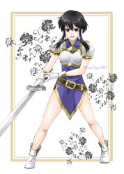 Rule 34 | 1girl, absurdres, armor, belt, black eyes, black hair, border, breastplate, commentary request, fire emblem, fire emblem: genealogy of the holy war, full body, highres, holding, holding sword, holding weapon, larcei (fire emblem), medium hair, midori no baku, nintendo, open mouth, shoes, shoulder armor, solo, sword, twitter username, weapon, white background, white footwear, yellow border