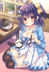 Rule 34 | 1girl, black thighhighs, blue flower, blue hair, blue jacket, blush, bow, bowl, breasts, brown eyes, cleavage, clock, closed mouth, collarbone, commentary request, dress, flower, food, frilled bow, frilled thighhighs, frills, full body, green bow, hair between eyes, hair bow, hair flower, hair ornament, highres, holding, holding bowl, holding spoon, indoors, jacket, kouta., looking at viewer, medium breasts, one side up, open clothes, open jacket, original, panties, plant, potted plant, sitting, smile, solo, spoon, steam, striped clothes, striped panties, table, thighhighs, underwear, white dress, wooden floor, yellow bow, yokozuwari