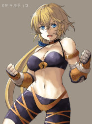 Rule 34 | 1girl, :d, armlet, bad id, bad pixiv id, bandages, bare shoulders, belko, bike shorts, blonde hair, blue eyes, bow, breasts, choker, cleavage, clenched hands, cowboy shot, dated, fang, gina (sennen sensou aigis), grey background, hair between eyes, large breasts, long hair, looking at viewer, low ponytail, midriff, navel, open mouth, ponytail, scar, scrunchie, sennen sensou aigis, simple background, smile, sports bra, tomboy, very long hair, wide hips