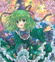 Rule 34 | 1girl, :d, black hat, black ribbon, breasts, cowboy shot, dress, fang, flower, frilled dress, frilled shirt collar, frilled sleeves, frills, ghost tail, green dress, green eyes, green hair, hair between eyes, hat, hat ribbon, long sleeves, looking at viewer, marker (medium), medium hair, ofuda, ofuda on clothes, open mouth, outstretched arm, outstretched hand, pink flower, ribbon, rui (sugar3), sample watermark, skin fang, small breasts, smile, soga no tojiko, solo, tate eboshi, touhou, traditional media, watermark, wide sleeves