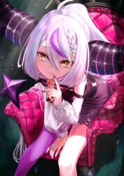 Rule 34 | 1girl, absurdres, black nails, braid, demon horns, detached sleeves, dress, finger to mouth, highres, hololive, horns, hxk4 n, la+ darknesss, la+ darknesss (1st costume), long hair, looking at viewer, multicolored hair, nail polish, pantyhose, ponytail, purple dress, purple hair, purple pantyhose, single braid, single leg pantyhose, sleeveless, sleeveless dress, solo, streaked hair, tail, virtual youtuber, white hair, white sleeves, yellow eyes