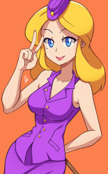Rule 34 | 1girl, advance wars, bare shoulders, blonde hair, blue eyes, breasts, collared shirt, holding, holding stick, large breasts, long hair, looking at viewer, nell (advance wars), nintendo, scott bennett, shirt, sleeveless, sleeveless shirt, stick, upper body, v