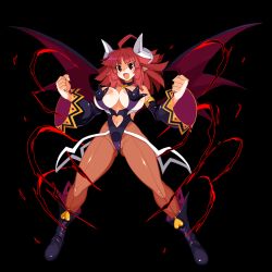 Rule 34 | 1girl, ahoge, black flower, boots, breasts, choker, clenched hands, clothing cutout, demon girl, demon horns, demon wings, detached sleeves, disgaea, disgaea rpg, fang, flower, full body, heart cutout, highres, horns, huge breasts, large breasts, legs apart, leotard, maou prier, medium hair, mole, mole under eye, navel cutout, nude, official art, open mouth, pantyhose, photoshop (medium), pointy ears, prier, red eyes, red hair, solo, transparent background, v-shaped eyebrows, w arms, wide sleeves, wings