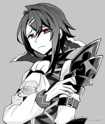 Rule 34 | 1boy, alcryst (fire emblem), armor, ascot, asymmetrical hair, closed mouth, fire emblem, fire emblem engage, furrowed brow, greyscale, hair between eyes, hair ornament, hairclip, high collar, long sleeves, looking at viewer, male focus, monochrome, nintendo, red eyes, short hair, shoulder armor, yukia (firstaid0)
