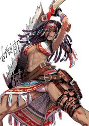 Rule 34 | 1girl, abs, azuma kyoutarou (artist), beads, belt, breasts, buckle, contrapposto, cowboy shot, cropped legs, dark-skinned female, dark skin, darli dagger, dreadlocks, evil smile, fingerless gloves, gloves, hair beads, hair between eyes, hair ornament, hair tubes, halterneck, highres, holding, holding weapon, holster, huge weapon, jewelry, long hair, looking at viewer, medium breasts, muscular, muscular female, navel, samurai spirits, saw, saw cleaver, simple background, skirt, smile, snk, solo, standing, thick thighs, thighs, weapon, white background