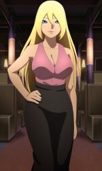 Rule 34 | 1girl, bare shoulders, blonde hair, blue eyes, boruko, boruto: naruto next generations, breasts, cleavage, closed mouth, hair between eyes, hand on own hip, highres, large breasts, long hair, looking at viewer, naruto (series), screencap, smile, source request, tagme, uzumaki boruto