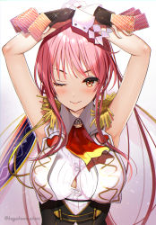 Rule 34 | 1girl, arms up, black gloves, blush, breasts, brown eyes, card, epaulettes, fingerless gloves, gloves, hayakawa akari, highres, holding, holding card, large breasts, long hair, looking at viewer, medium breasts, official art, one eye closed, pink hair, playing card, red neckwear, sennen sensou aigis, sleeveless, solo, twitter username, upper body, white background, wrist cuffs