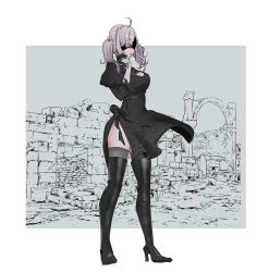 Rule 34 | 1girl, absurdres, ahoge, atare, black dress, black footwear, black gloves, blindfold, boots, cleavage cutout, clothing cutout, cosplay, dress, full body, gloves, hair ornament, highres, juliet sleeves, long hair, long sleeves, nier (series), nier:automata, nijisanji, pink eyes, puffy sleeves, ruins, side slit, solo, standing, sukoya kana, thigh boots, thighhighs, twintails, virtual youtuber, white gloves, x hair ornament, 2b (nier:automata), 2b (nier:automata) (cosplay)