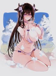 Rule 34 | 1girl, absurdres, animal ears, azur lane, bad id, bad pixiv id, bikini, blush, breast hold, breasts, brown hair, cleavage, commentary request, covered erect nipples, cow ears, cow girl, cow horns, flower, hair flower, hair ornament, halterneck, heart, heart-shaped pupils, highres, horns, huge breasts, kashino (azur lane), kashino (hot springs relaxation) (azur lane), long hair, looking at viewer, navel, open mouth, parted lips, purple eyes, seiniku, sitting, soap bubbles, solo, swimsuit, symbol-shaped pupils, thigh strap, thighs, very long hair, white bikini, white flower