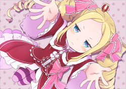 Rule 34 | 10s, 1girl, beatrice (re:zero), blonde hair, blue eyes, blush, bow, bug, butterfly, butterfly-shaped pupils, capelet, crown, dress, drill hair, frills, fur trim, hair ribbon, insect, long hair, long sleeves, looking at viewer, looking up, mini crown, mokichi812, outstretched arms, pantyhose, pom pom (clothes), puffy cheeks, purple pantyhose, re:zero kara hajimeru isekai seikatsu, ribbon, solo, striped clothes, striped pantyhose, symbol-shaped pupils, twin drills, twintails, very long hair