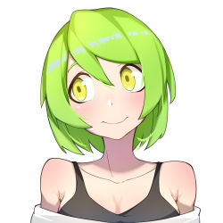 1girl bare_shoulders blush character_request collarbone copyright_request female_focus green_hair highres looking_to_the_side short_hair smile solo tank_top wan_ban white_background yellow_eyes