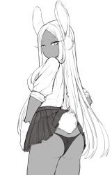 Rule 34 | 1girl, animal ears, animal hands, ass, boku no hero academia, clothes lift, dark skin, greyscale, highres, lifted by tail, long hair, long sleeves, looking at viewer, mirko, monochrome, panties, rabbit ears, rabbit girl, rabbit tail, reia 76, school uniform, shirt, sketch, skirt, skirt lift, sleeves rolled up, solo, standing, tail, underwear, white background, white shirt