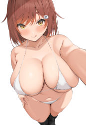 Rule 34 | 1girl, absurdres, bare arms, bare shoulders, bikini, black legwear, breasts, brown eyes, brown hair, cleavage, closed mouth, collarbone, curvy, hair ornament, hairpin, halterneck, highres, large breasts, licking lips, light smile, looking at viewer, navel, neneneji, original, perspective, selfie, simple background, solo, string bikini, swimsuit, thighs, tongue, tongue out, white background