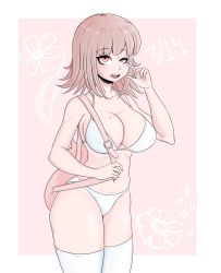 Rule 34 | 1girl, absurdres, animal bag, arm up, armpits, bikini, birthday, breasts, cat bag, cleavage, collarbone, danganronpa (series), danganronpa 2: goodbye despair, eyelashes, female focus, finger to face, fingernails, floral background, floral print, halter top bikini, halterneck, hand up, highres, large breasts, looking at viewer, medium breasts, nanami chiaki, navel, nose, open mouth, pink background, pink bag, pink eyes, pink hair, shiny skin, smile, solo, squinting, standing, swimsuit, teeth, thighhighs, thighs, tongue, upper teeth only, white background, white bikini, white footwear, white thighhighs, young savage