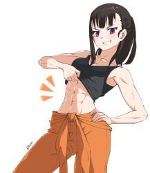 Rule 34 | 1girl, :d, abs, black hair, blush, breasts, cleavage, clothes lift, donezo, en&#039;en no shouboutai, firefighter, grin, highres, lifting own clothes, looking at viewer, maki oze, medium breasts, midriff, muscular, muscular female, navel, open mouth, orange pants, pants, ponytail, purple eyes, shirt, shirt lift, simple background, smile, smug, solo, standing, stomach, tank top, teeth, toned, white background
