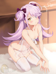 Rule 34 | 1girl, :t, ahoge, annoyed, bare shoulders, benghuai xueyuan, blue eyes, blush, bottle, bow, bra, breasts, closed mouth, full body, garter straps, hair bow, heterochromia, highres, honkai (series), kanon (sinto), lingerie, long hair, looking at viewer, milk bottle, navel, nipple slip, nipples, panties, pout, purple hair, see-through, seiza, short twintails, signature, sin mal (benghuai xueyuan), sitting, small breasts, solo, spilled milk, spilling, thigh strap, thighhighs, twintails, underwear, underwear only, v-shaped eyebrows, watermark, white bra, white panties, white thighhighs, yellow eyes