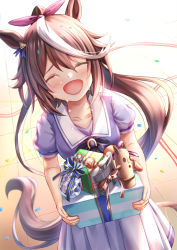 Rule 34 | 1girl, :d, ^ ^, animal ears, black bow, blouse, blue shirt, blush, bow, box, brown hair, closed eyes, commentary request, crying, closed eyes, facing viewer, flask, gift, gift box, hair ribbon, holding, holding gift, horse ears, horse girl, horse tail, multicolored hair, open mouth, pink ribbon, pleated skirt, ponytail, puffy short sleeves, puffy sleeves, purple shirt, ribbon, school uniform, shirt, short sleeves, skirt, smile, solo, streaked hair, tail, tears, tokai teio (umamusume), toshi (1-147), tracen school uniform, umamusume, white hair, white skirt