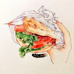 Rule 34 | bread, dated, focaccia, food, food focus, lettuce, no humans, original, painting (medium), pov, pov hands, sandwich, sausage, sio miyako, still life, traditional media, watercolor (medium)