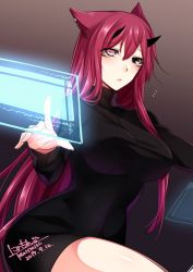 Rule 34 | 1girl, animal ears, black dress, black eyes, breasts, commentary request, dated, dress, hand up, heterochromia, holographic interface, konshin, large breasts, long hair, long sleeves, looking at viewer, original, parted lips, pink eyes, red hair, short dress, signature, solo