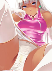Rule 34 | 1girl, blunt bangs, china dress, chinese clothes, crotch, dark-skinned female, dark skin, dress, earrings, elbow gloves, gloves, jewelry, long hair, original, panties, partially visible vulva, solo, stain, stained panties, suzuki yashiro, thighhighs, underwear, white hair, white panties, white thighhighs