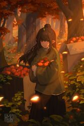 Rule 34 | 1girl, absurdres, apple, autumn, autumn leaves, brown eyes, brown hair, chinese clothes, elf, food, forest, fruit, hanfu, highres, holding, holding food, hua ming wink, long hair, looking at viewer, nature, original, pointy ears, ponytail, scenery, solo