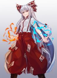 Rule 34 | 1girl, baggy pants, black footwear, boots, bow, breasts, feet out of frame, fire, fujiwara no mokou, gradient background, grey background, grin, hair between eyes, hair bow, long hair, looking at viewer, momendoufu, ofuda, pants, red eyes, red pants, shirt, short sleeves, sidelocks, silver hair, small breasts, smile, solo, standing, suspenders, torn clothes, torn sleeves, touhou, v-shaped eyebrows, very long hair, white bow, white shirt, wing collar