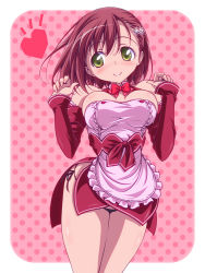 Rule 34 | 1girl, apron, bare shoulders, black panties, blush, bow, breasts, detached collar, detached sleeves, dream c club, dream c club (series), dream c club gogo., dress, green eyes, hair ornament, hairpin, heart, karia (dream c club gogo.), kikuchi tsutomu, large breasts, looking at viewer, panties, pantyshot, pink background, polka dot, polka dot background, red dress, red hair, short dress, short hair, side-tie panties, smile, solo, standing, strapless, strapless dress, underwear, waitress