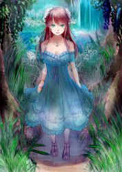 Rule 34 | 1girl, dress, flower, grass, green eyes, hair flower, hair ornament, highres, jewelry, long hair, necklace, original, pond, red hair, sandals, smile, solo, touboku, tree, water