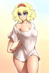 Rule 34 | 1girl, alice margatroid, alternate costume, arms behind back, blonde hair, blue eyes, blue sky, breasts, cleavage, collarbone, colored eyelashes, covered erect nipples, cowboy shot, day, eyebrows, hairband, hip focus, interlocked fingers, large breasts, mazume, naked shirt, neck, off shoulder, parted lips, shiny skin, shirt, short hair, short sleeves, sky, solo, thighs, touhou, white shirt