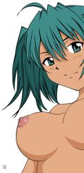 Rule 34 | 00s, 1girl, ahoge, aqua eyes, aqua hair, arm at side, blush, breasts, breasts apart, closed mouth, dark-skinned female, dark skin, female focus, hair between eyes, head tilt, ikkitousen, large breasts, looking at viewer, matching hair/eyes, neck, nipples, nude, ryofu housen, short hair, simple background, smile, solo, twintails, upper body, vector trace, white background