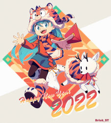Rule 34 | 1girl, 2022, absurdres, alternate costume, animal print, black legwear, blouse, blue eyes, blue hair, boots, brick st, chinese new year, chinese zodiac, english text, fangs, fur-trimmed boots, fur trim, hat, highres, hilda (hilda), hilda (series), hongbao, long hair, looking at viewer, open mouth, red shirt, scarf, shirt, signature, skirt, smile, tiger print, twig (hilda), woff, year of the tiger