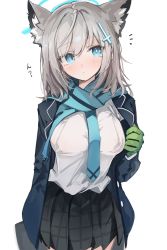 Rule 34 | 1girl, animal ears, blue archive, blue eyes, blush, breasts, eyelashes, eyes visible through hair, female focus, gloves, hair between eyes, hair ornament, halo, highres, jacket, large breasts, looking at viewer, mikozin, necktie, scarf, school uniform, shiroko (blue archive), shirt, short hair, silver hair, skirt, solo, upper body, white background, wolf ears, wolf girl
