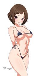 1girl arms_behind_back artist_name bikini black_bikini blush breasts brown_hair collarbone commentary_request commission cowboy_shot elun_(llelunlun) english_text highleg highleg_bikini highres hyouka ibara_mayaka long_hair medium_breasts micro_bikini navel parted_lips partial_commentary purple_eyes short_hair side-tie_bikini_bottom simple_background solo standing stomach swimsuit white_background