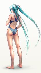 Rule 34 | 1girl, aqua eyes, aqua hair, ass, back, barefoot, blush, colored eyelashes, competition swimsuit, feet, from behind, full body, hatsune miku, kneepits, legs, long hair, long legs, looking at viewer, looking back, nail polish, one-piece swimsuit, open mouth, profile, skindentation, solo, standing, swimsuit, toenail polish, toenails, twintails, very long hair, vocaloid, white background, wokada