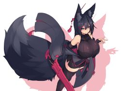 Rule 34 | 1girl, animal ear fluff, animal ears, bare shoulders, black gloves, black hair, black thighhighs, blue eyes, blush, breasts, curvy, ear piercing, elbow gloves, fingernails, fox ears, fox shadow puppet, fox tail, gloves, hair between eyes, hair ornament, hair stick, hairclip, highres, holding, holding sword, holding weapon, huge breasts, japanese clothes, kiri (sub-res), long hair, looking at viewer, original, piercing, simple background, sleeveless, smile, solo, standing, sub-res, sword, tail, thick thighs, thighhighs, thighs, weapon, zettai ryouiki