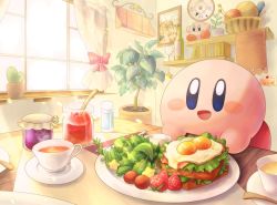 Rule 34 | 1boy, :d, blue eyes, blush, bookshelf, bottle, bow, cake, cake slice, cherry tomato, clock, commentary, cup, doll, food, framed image, fried egg, fruit, highres, indoors, jam, king dedede, kirby, kirby (series), lettuce, looking at viewer, male focus, meta knight, nintendo, open mouth, photo (object), plant, plate, potted plant, rainbow gradient, red bow, salad, sandwich, shelf, smile, solid circle pupils, solo, star (symbol), strawberry, sunlight, table, teacup, tomato, vul3hl0smteyk1z, waddle dee, window, wine bottle, wooden spoon, yarn, yarn ball