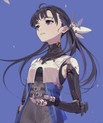 Rule 34 | 1girl, absurdres, arm at side, black hair, blue background, breasts, highres, ichiyon, joints, long hair, medium breasts, original, petals, purple eyes, robot joints, science fiction, see-through, solo, standing, twintails, wind, wind lift