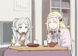 Rule 34 | 2girls, blonde hair, blush stickers, capelet, closed eyes, commentary request, crossover, cup, dorayaki, eating, edomae elf, eldali ilma fanomenel, elf, food, frieren, green eyes, highres, japanese clothes, kimono, kotatsu, long hair, long sleeves, multiple girls, pointy ears, side handle teapot, sousou no frieren, species connection, table, teapot, twintails, ueyama michirou, wagashi, white hair, yunomi